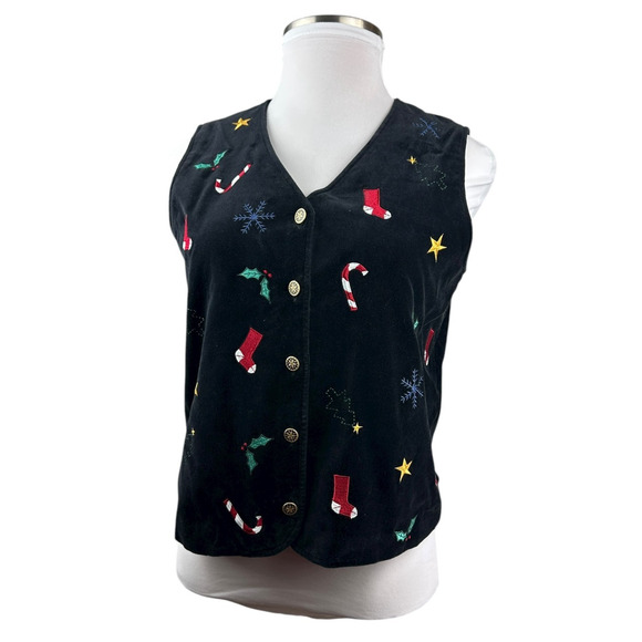 Talbots Christmas Themed Black Velvet Lined Button Up Vest Holiday Print Large - Picture 12 of 14